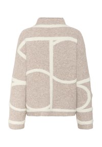 Lysebrunt uldblandet sweater med hvidt abstrakt mønster, der har krave og lange ærmer. Blød tekstur, afslappet pasform.