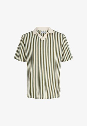 Polo en maille manches courtes avec rayures verticales olive, blanc et beige, col et encolure en V couleur crème.