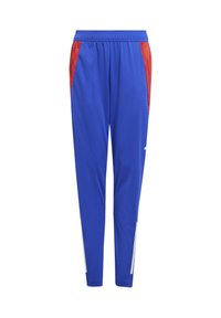 Blaue Sporthose mit einem Kordelzugbund, strukturierten roten Seiteneinsätzen und weißen Streifen an den Knöcheln. Hergestellt aus leichtem, atmungsaktivem Stoff.