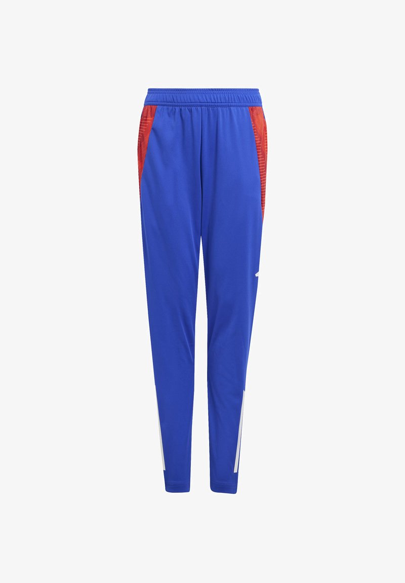 Blue athletic pants with a drawstring waist, textured red side panels, and white stripes at the ankles. Made from lightweight, breathable fabric.