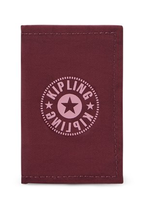 Maroon fabric wallet with a textured finish, featuring a circular logo with a pink star and text "KIPLING" in contrasting colors.