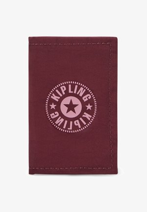 Maroon fabric wallet with a textured finish, featuring a circular logo with a pink star and text "KIPLING" in contrasting colors.