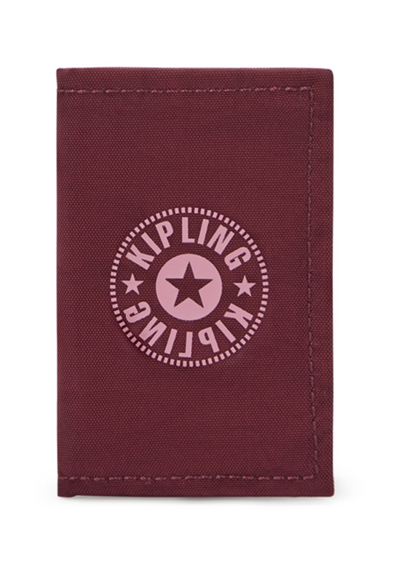 Maroon fabric wallet with a textured finish, featuring a circular logo with a pink star and text "KIPLING" in contrasting colors.