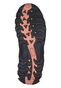 Black rubber outsole with deep treads and pink accents; features a rugged design with varying traction patterns for stability on surfaces.