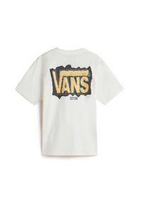 Bílý bavlněný tričko s krátkým rukávem. Na zádech černé a žluté opotřebované logo "VANS" s detailem do obdélníkového výřezu.