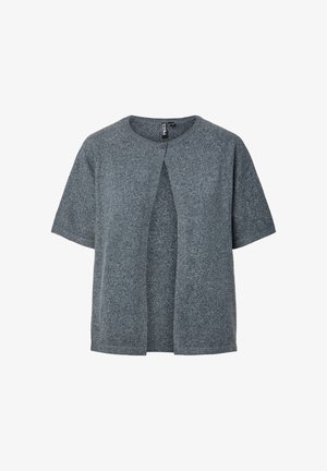 Lühikeste varrukatega, avatud ees hall kardigan, millel on üks nööp kaeluse juures, valmistatud pehmest soonilisest kangast.