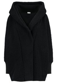 Veste en polaire noire à capuche, douce et moelleuse, avec une ouverture sur le devant, présentant un tissu texturé et des poignets côtelés. Aucun fermoir ni motif visible.