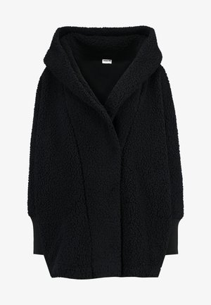 Black, hooded, fluffy fleece jacket with an open front, featuring textured fabric and ribbed cuffs. No visible fasteners or patterns.