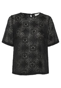 Czarny koronkowy top z kwiatowym wzorem, krótkimi rękawami, okrągłym dekoltem i wycięciem na plecach. Lekka, teksturowana tkanina.