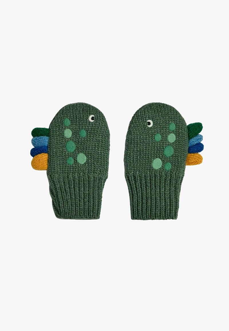 Gröna stickade vantar med en lekfull design med skalsliknande detaljer i blått, grönt och gult, samt små ögon broderade ovanpå.