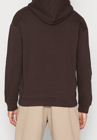 Sweat à capuche marron avec manches longues, coupe décontractée, et poignets et ourlet côtelés. Texture lisse avec une étiquette logo subtile en bas.