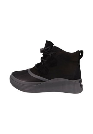 Black high-top sneaker featuring a textured upper, gray accents, round toe, and a thick, ribbed sole. Laces are grey, with a pull tab at the back.