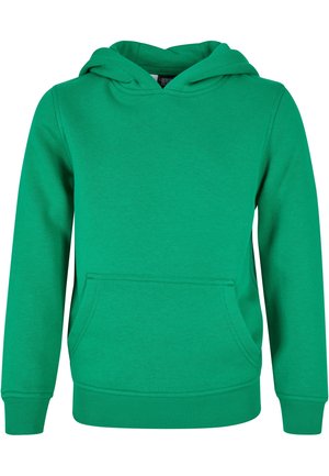 Grüner Kapuzenpullover mit langen Ärmeln, vorderer Kängurutasche, gerippten Bündchen und Saum, hergestellt aus glattem Stoff.