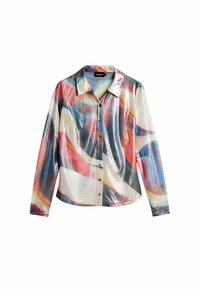 Long-sleeve shirt featuring a shiny, multicolored abstract pattern with a collar, button-down front, and smooth texture.