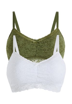 Due bralette in pizzo: una in verde oliva e l'altra in bianco. Entrambe presentano delicati motivi in pizzo, spalline regolabili e finiture scallop.