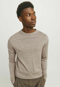 Maglione marrone chiaro a maniche lunghe con scollatura a girocollo, texture a maglia e design aderente, abbinato a pantaloni verdi oliva.