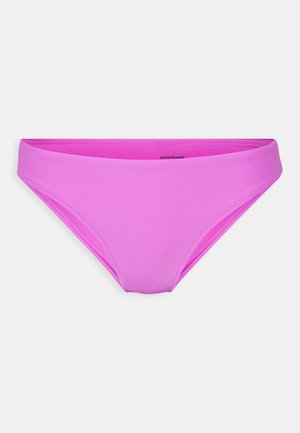 Pink bikini bottom made from smooth, stretchy fabric. Features a low-rise design with curved edges and minimal stitching details.
