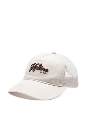 Cappellino da baseball color avorio con la scritta "Hatline LAB." ricamata in marrone sul davanti e pannelli in rete sul retro e sui lati per la ventilazione.