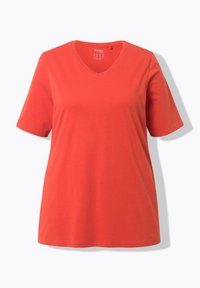 T-shirt rossa in cotone con maniche corte e scollatura a V. Presenta una texture liscia e una vestibilità comoda, ideale per l'abbigliamento casual.