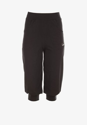 Pantaloni negri scurți din stofă moale, cu talie înaltă, două buzunare frontale și manșete elastice la glezne.