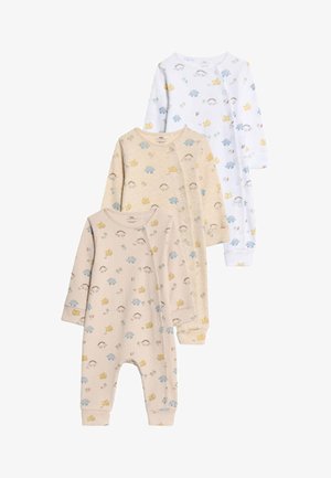 Trois grenouillères à manches longues pour bébé : une blanche avec des motifs de dinosaures colorés, deux beiges avec des motifs similaires en tissu doux et avec une texture côtelée.