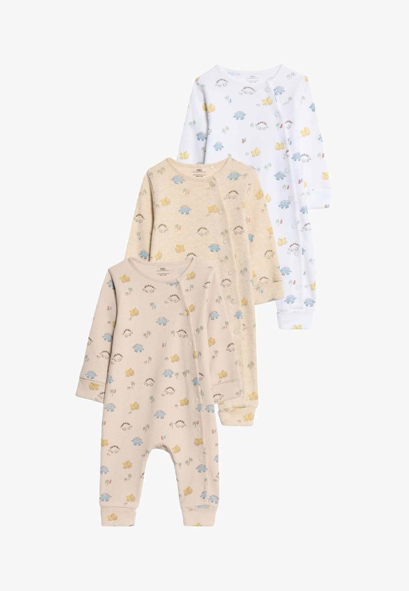 Trzy długie body dla niemowląt: jedno białe z kolorowymi nadrukami dinozaurów, dwa beżowe z podobnymi wzorami, wykonane z miękkiej tkaniny o prążkowanej strukturze.