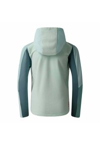 Hellgrüne Fleecejacke mit Kapuze, ausgestattet mit dunkelgrünen Akzenten an den Ärmeln und einer glatten Textur. Merrell-Logo am unteren Rand.