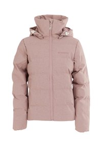 Giubbotto piumino rosa chiaro con colletto alto, zip anteriore e cappuccio regolabile. Presenta un tessuto testurizzato e un sottile logo del marchio.