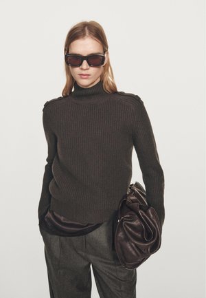 KNIT HIGH NECK SWEATER WITH SHOULDER DETAIL - Maglione - dark brown