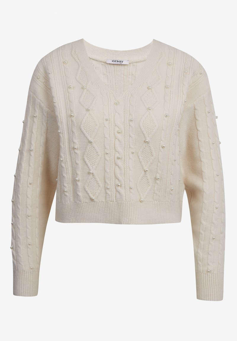 Pull en laine crème à mailles torsadées avec un col en V, comportant des motifs en losange en relief et des accents en perles. Longueur courte et poignets côtelés.