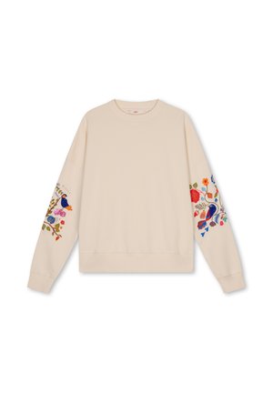Beige longsleeve trui met kleurrijke bloem- en vogelborduursels op beide mouwen, een ronde hals en geribde boorden en zoom.