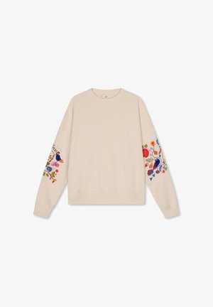 Beige longsleeve trui met kleurrijke bloem- en vogelborduursels op beide mouwen, een ronde hals en geribde boorden en zoom.