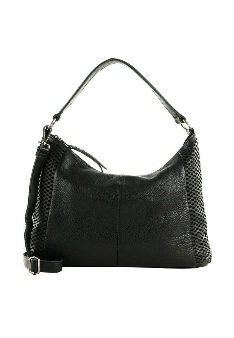 Schwarze Lederhandtasche mit strukturiertem Finish, ausgestattet mit einer perforierten Seite und einem verstellbaren Riemen. Reißverschlussverschluss oben.