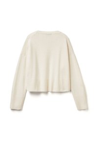 Maglione cropped color crema con orlo e polsini a coste. Realizzato in tessuto morbido e texture, presenta un collo tondo e maniche ampie.
