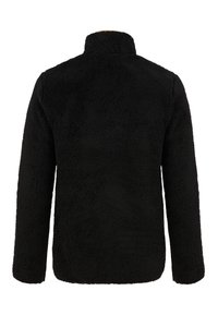 Zwarte, zacht-textuur fleece jas met een hoge kraag, lange mouwen en een relaxte pasvorm. Geen zichtbare hardware of patronen.