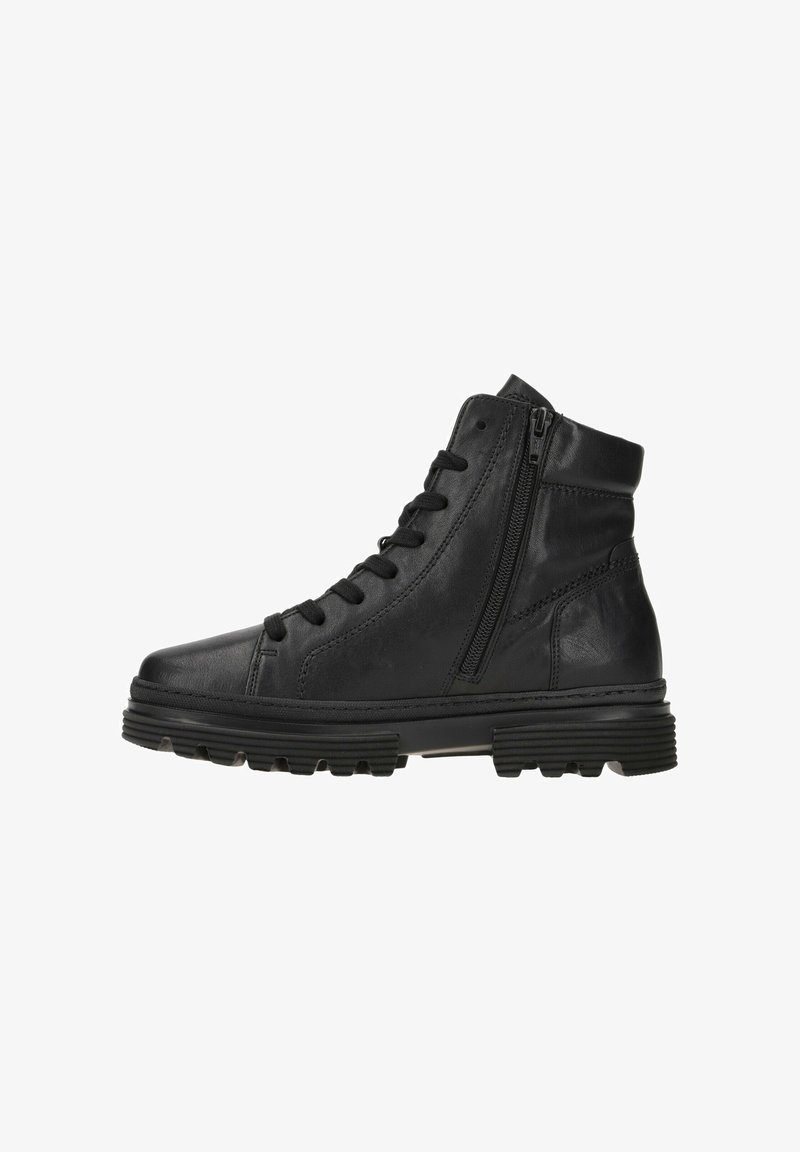 Bottine noire en cuir avec fermeture éclair latérale, laçage à l’avant, col rembourré et semelle épaisse à crampons pour un style robuste et un bon maintien.
