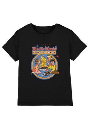 Three children sit around a flaming record player with the text "Devil's Music Sing-Along!" on a black T-shirt.