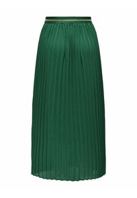 Gonna verde plissettata con vita elasticizzata e un accento dorato. Tessuto leggero e fluido con un design fino al ginocchio.