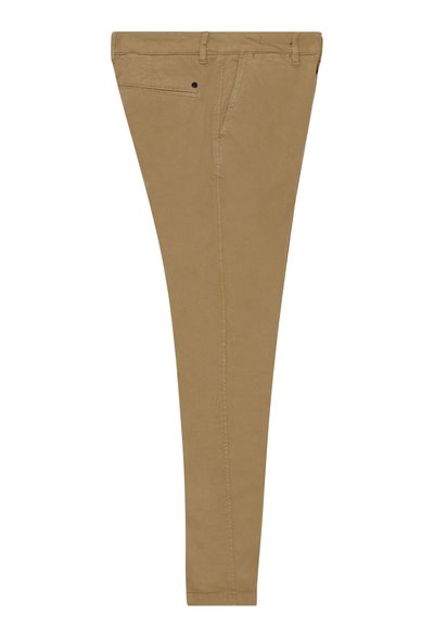Pantalon beige slim fit avec passants de ceinture, poches latérales et arrière, et coutures surpiquées, présenté à plat sur fond blanc.