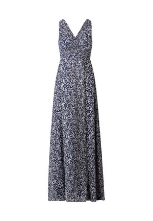 Robe maxi bleu foncé avec des motifs floraux blancs, présentant un décolleté en V et un corsage ajusté menant à une jupe ample. Tissu léger.