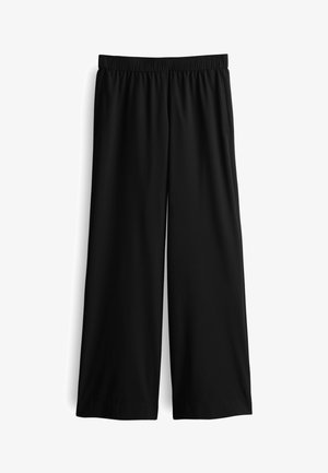 Pantaloni a gamba larga neri realizzati in un tessuto liscio e leggero. Presentano una vita elastica e un design aperto e fluido senza tasche.