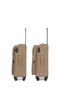 Valigia rigida in tessuto marrone chiaro, con manico estraibile, doppie ruote e tasche esterne con zip per ulteriore spazio di archiviazione.