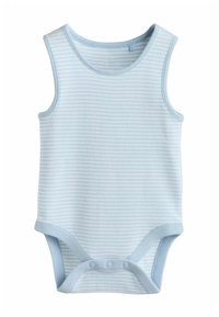 Lyseblåt stribet babybodystocking med ærmeløs design, bomuldsstof og trykknapper i bunden for nem bleudskiftning.