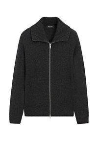 Dark grey knitted zip-up sweater with a ribbed collar and long sleeves. Features a straight fit and subtle texture throughout the fabric.