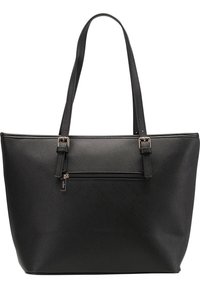 Czarna torba typu tote wykonana z teksturowanego syntetycznego materiału, wyposażona w dwa paski na ramię oraz przednią kieszeń na zamek błyskawiczny z metalicznymi akcentami.