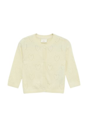 Lichtgele gebreide cardigan met hartpatronen, ronde halslijn, geribde manchetten en een sluiting met vijf knopen aan de voorkant. Zachte textuur en lichtgewicht ontwerp.