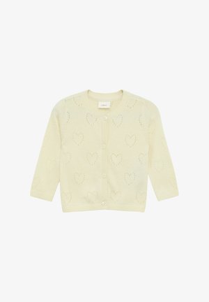 Lichtgele gebreide cardigan met hartpatronen, ronde halslijn, geribde manchetten en een sluiting met vijf knopen aan de voorkant. Zachte textuur en lichtgewicht ontwerp.