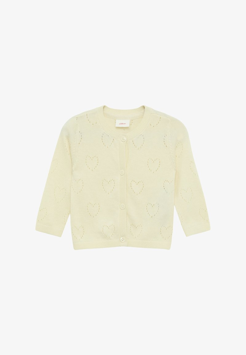 Helles gelbes Strickjäckchen mit Herzmustern, rundem Ausschnitt, gerippten Bündchen und fünf Knöpfen zum Schließen. Weicher Stoff und leichtes Design.