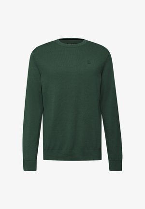 Grøn strikket sweater med rund hals, lange ærmer og en subtil logo detalje på brystet. Glat tekstur og tætsiddende design.