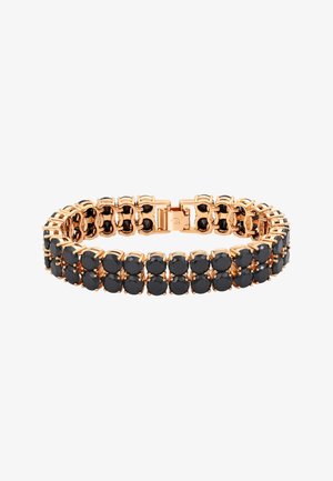 Zwarte edelstenen armband met een roségoudkleurige metalen setting, met ronde stenen in een gekoppeld patroon en een veilige sluiting.
